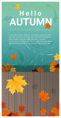 Naklejka premium Hello autumn background with colorful leaves on wooden pier , vector , illustration