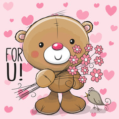 Naklejka premium Cute Cartoon Teddy Bear with a flower