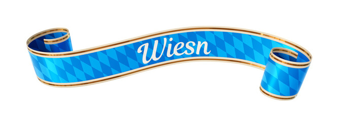 Curled blue ribbon banner with diamond pattern and gold border - Wiesn