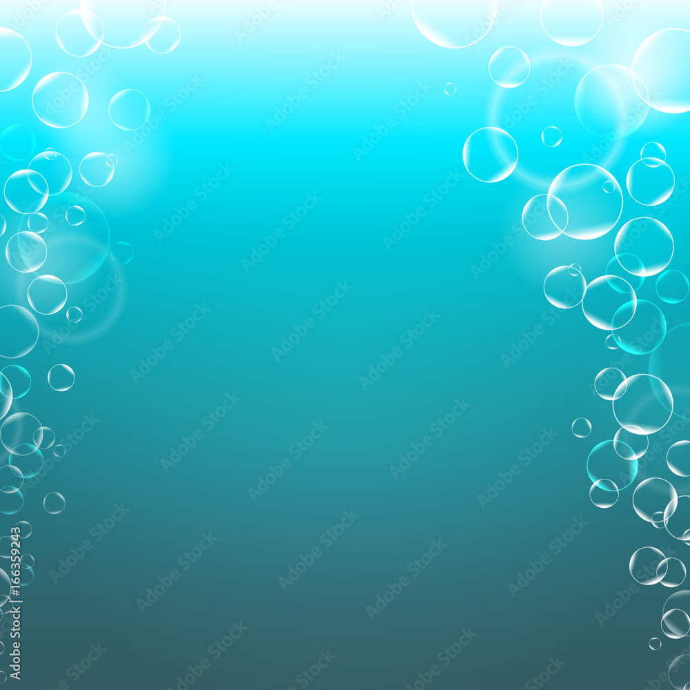 Poster abstract underwater background with transparent bubbles and empty space