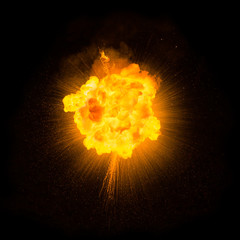 Realistic fiery explosion with sparks over a black background