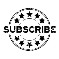Grunge black subscribe with star icon round rubber seal stamp on white background