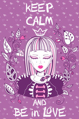 "Keep calm and be in love" inscription and calm girl with flowers. Vector illustration.