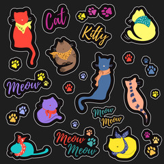 Set of colorful patches with cats, cat's footprints, inscriptions "Meow Meow", "Kitty", "Cat".  Vector illustration.