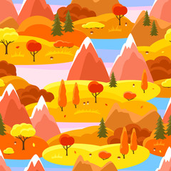 Autumn seamless pattern with trees, mountains and hills. Seasonal landscape illustration