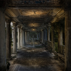 Old dilapidated corridor with columns. Twilight. In the ceiling light a dim light is on. Moonlight falls from the side. In the center of the corridor is a translucent silhouette of a ghost