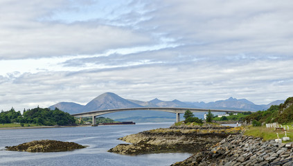 View of the Skye Road Bridge over Loch Alsh from the Isle of Skye to the island of Eilian Ban, Scotland, United Kingdom - 166361622