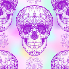 Seamless pattern, background with sugar  skull and floral pattern. Neon vanilla colors. Stock line vector illustration.