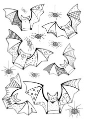 Bat hand drawn spiders halloween