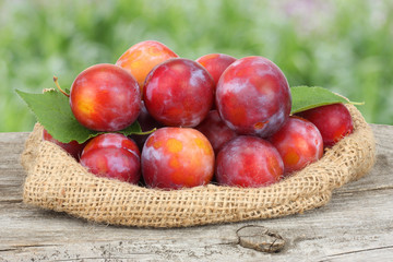 plum on old wooden table with green background