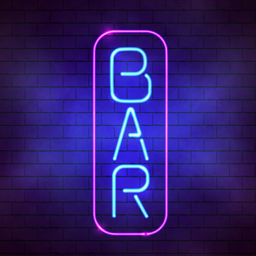 Glowing Blue Neon Bar Sign Illustration. Bright Fluorescent Lamp On The Brick Wall Background