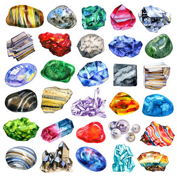 Watercolor Minerals And Gems Collection Isolated On White Background