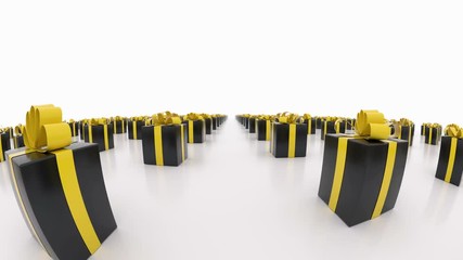 Endless moving black gift boxes with yellow ribbons. (loop ready)
