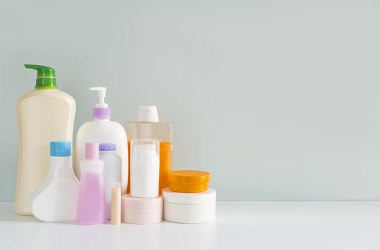 Body care products in colorful plastic bottles