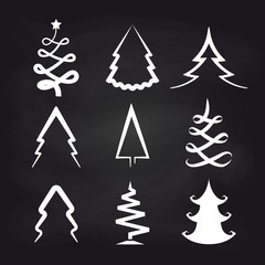 Obraz premium White christmas tree icons on chalkboard background. Vector illustration