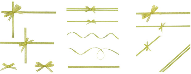 Collection of decorative golden bows with horizontal ribbons isolated on white background. Save...