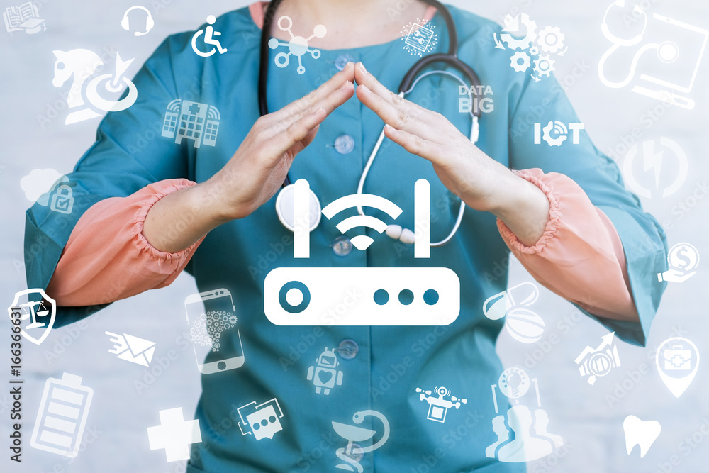 Poster router - medical social media connection network concept. doctor holds roof hands over router wi-fi 