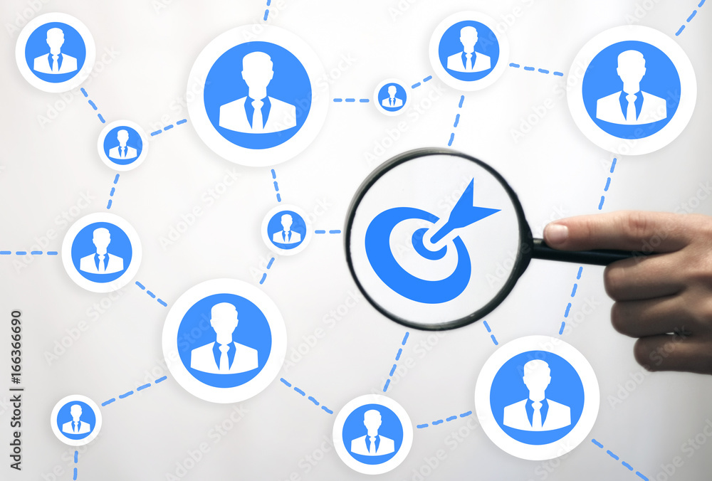 Poster target teamwork business social network communication concept. hand with magnifying glass shows goal