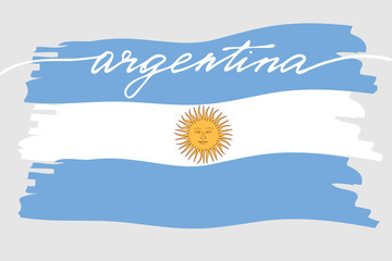 Flag of Argentina with handwritten text and hand drawn sun, vector. There are true colors of flag