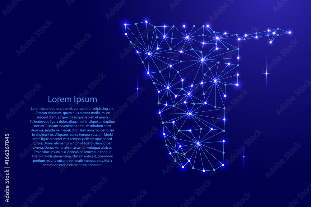 Poster namibia map of polygonal mosaic lines network, rays and space stars of vector illustration.