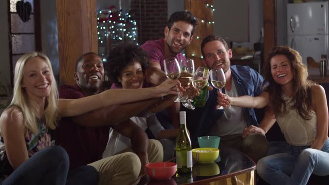Adult friends look to camera and make a toast at a party, shot on R3D