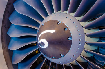 Aircraft engine close up. Blades, fan industry construction