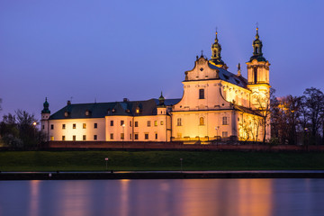 Fototapeta na wymiar Night view on the church on the Rock and Vistula river in Cracow, Poland