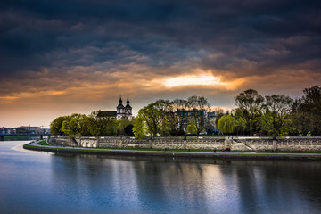 Dusk over the church on the Rock and Vistula river in Cracow, Poland