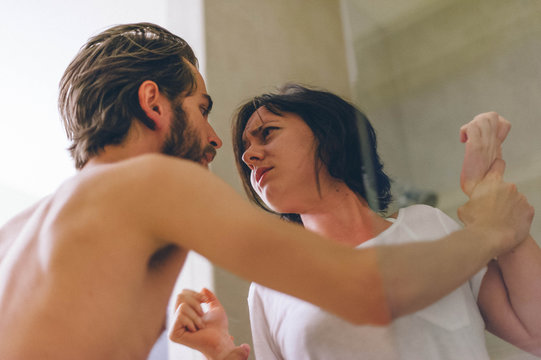 Man and a Woman Arguing in a Shower