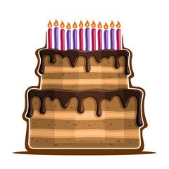 Vector illustration of birthday Cake: two tier festive dessert with 12 colorful burning candles, icon of anniversary cake, large homemade wedding cake with chocolate dripping sauce for holiday event.