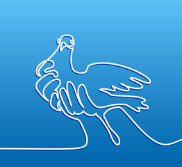 Continuous one line drawing. Pigeon in hands logo. Two doves logo. White on blue gradient background. Concept for logo, card, banner, poster, flyer
