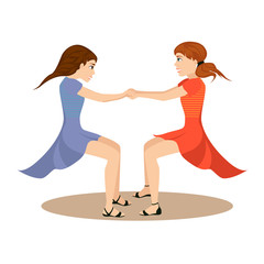Obraz na płótnie Canvas Two cute girls whirl in round dance holding hands together isolated for Happy Friendship Day