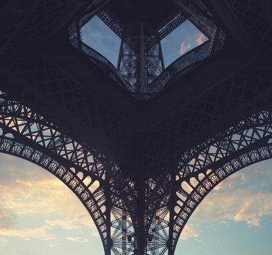Under the Eiffel Tower at sunset in Paris, France