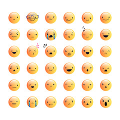 36 Yellow emoticons with different emotions, vector set of various hand-drawn cute expressions, EPS 10