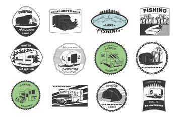 vintage camping and outdoor adventure emblems, logos and badges. Camping equipment. Camp trailer in the forest.