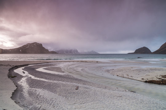 Haukland beach on an overcast afternoon