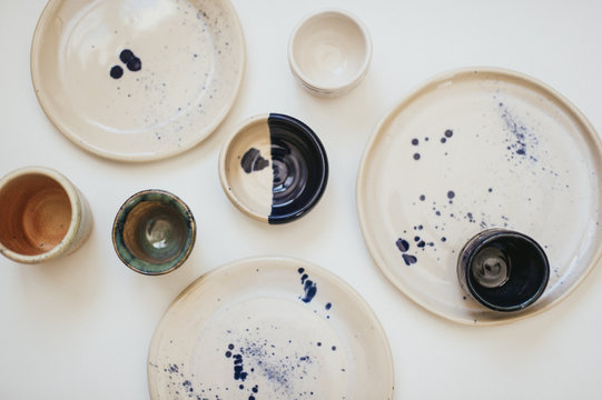 Hand made speckled pottery for dinner plates and serving bowls