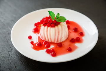Panna cotta with currant berries in white plate