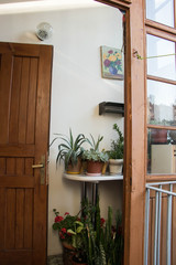 old vintage balcony with flowers and wooden dors
