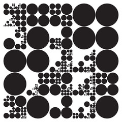 Subdivided circle grid system. Randomly sized spheres with fixed space between. Futuristic dot layout. Conceptual generative background. Procedural graphics. Creative coding.