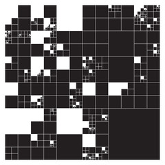 Subdivided squares grid system. Randomly sized polygons with fixed space between. Futuristic layout. Conceptual generative background. Procedural graphics. Creative coding.