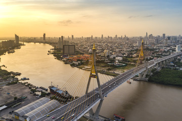View of Chao Phraya river and Bhumibol Bridge, aerial photography