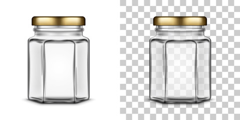 Vector empty hexagonal glass jar for honey. Realistic illustration.