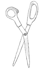 Hand drawn line scribble sketched open scissors isolated