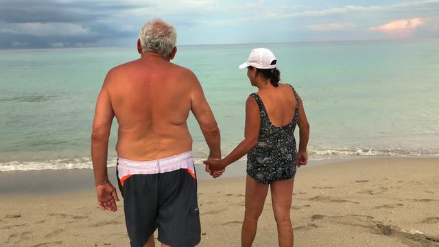Senior man holding wife's hands and walking into the ocean