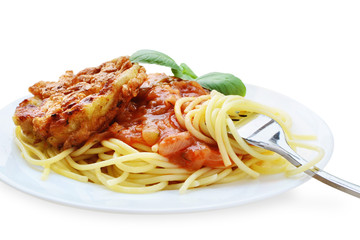 Schnitzel with spaghetti, tomato sauce and basil on white plate isolated - Piccata milanese