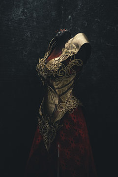 Golden armor for women. Carries pieces of gold and fabrics and feathers in red color
