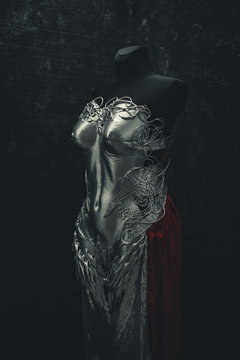 Protection, Silver armor for women. Carries pieces of gold and fabrics and feathers in red color