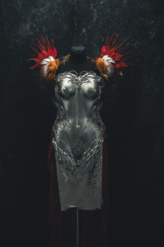 Protection, Silver armor for women. Carries pieces of gold and fabrics and feathers in red color