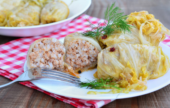 Cabbage rolls with minced meat and rice filling, sarmale on white plate.